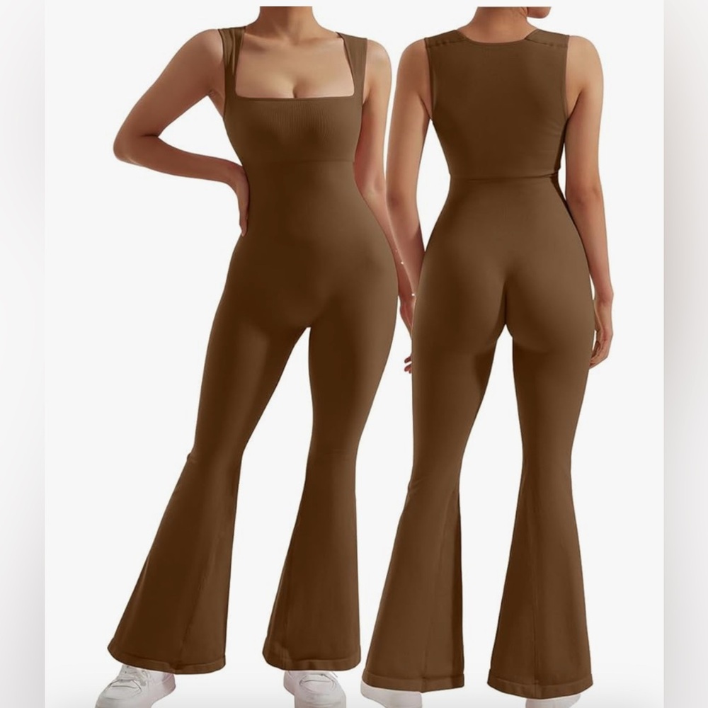 Brown Ribbed Flare Jumpsuit